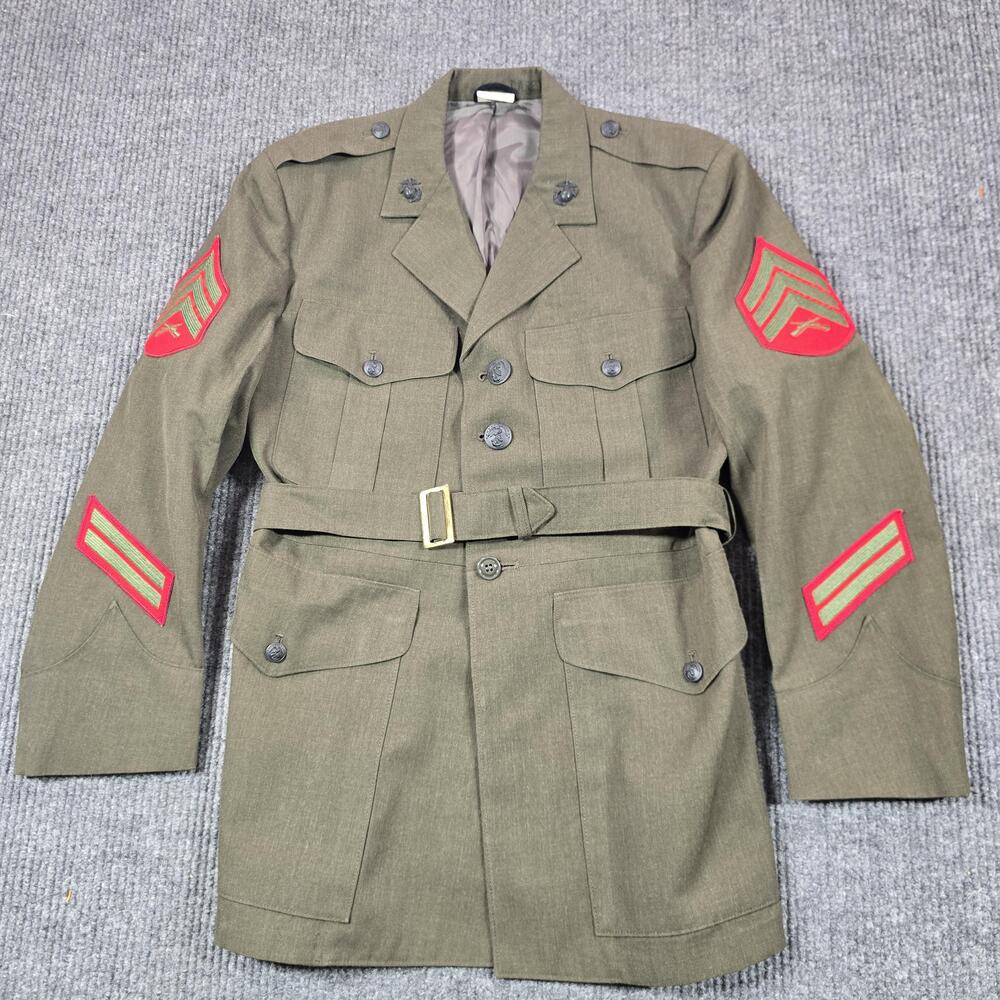 WWII Era USMC Enlisted Service Coat 44S Wool Sgt Chevron Patches Green Vintage